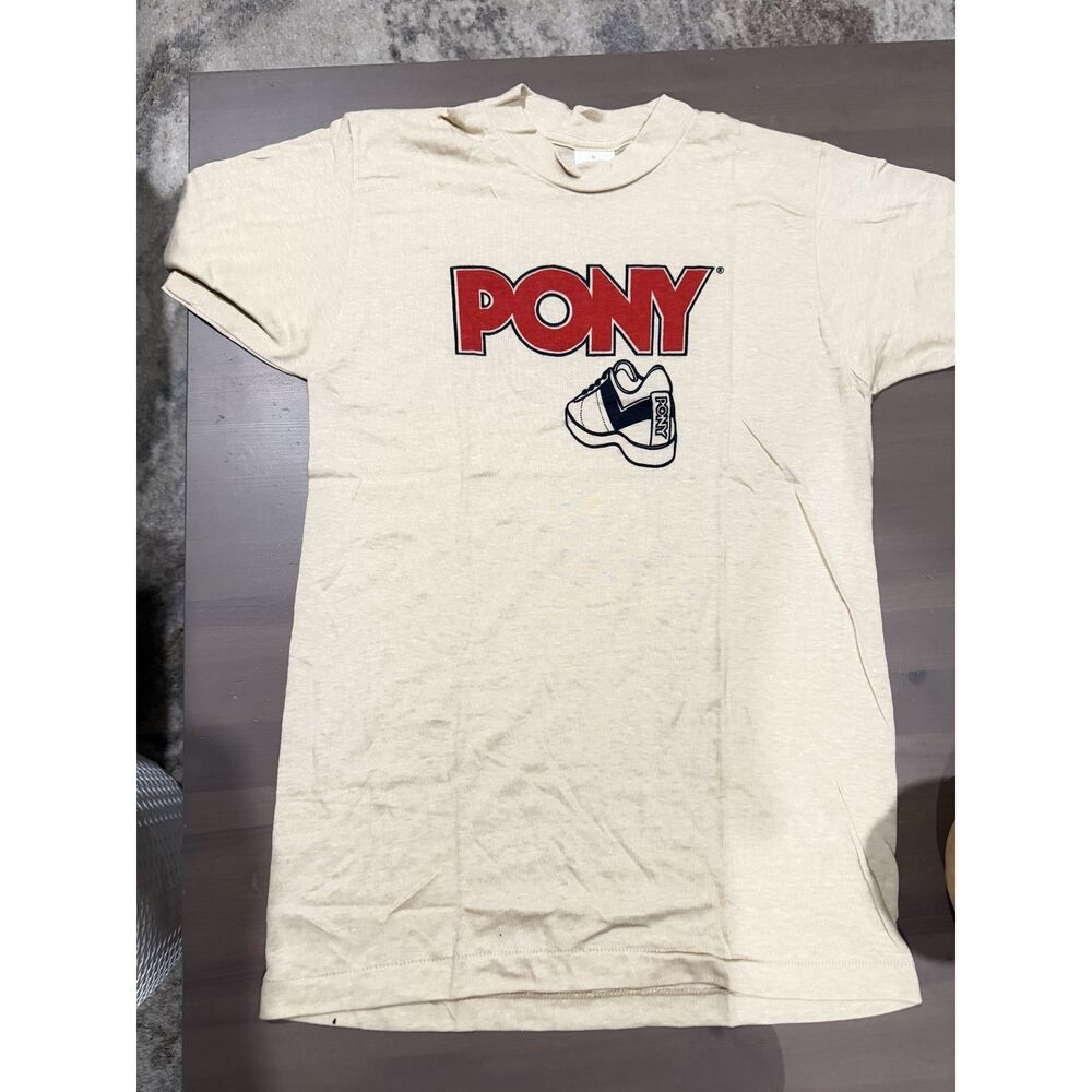 PONY Medium vintage Cream Graphic T-Shirt Sneaker Logo 100% Cotton Short Sleeve